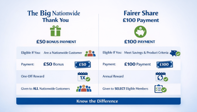 Nationwide’s Fairer Share £100 payment vs £50 bonus payment in April