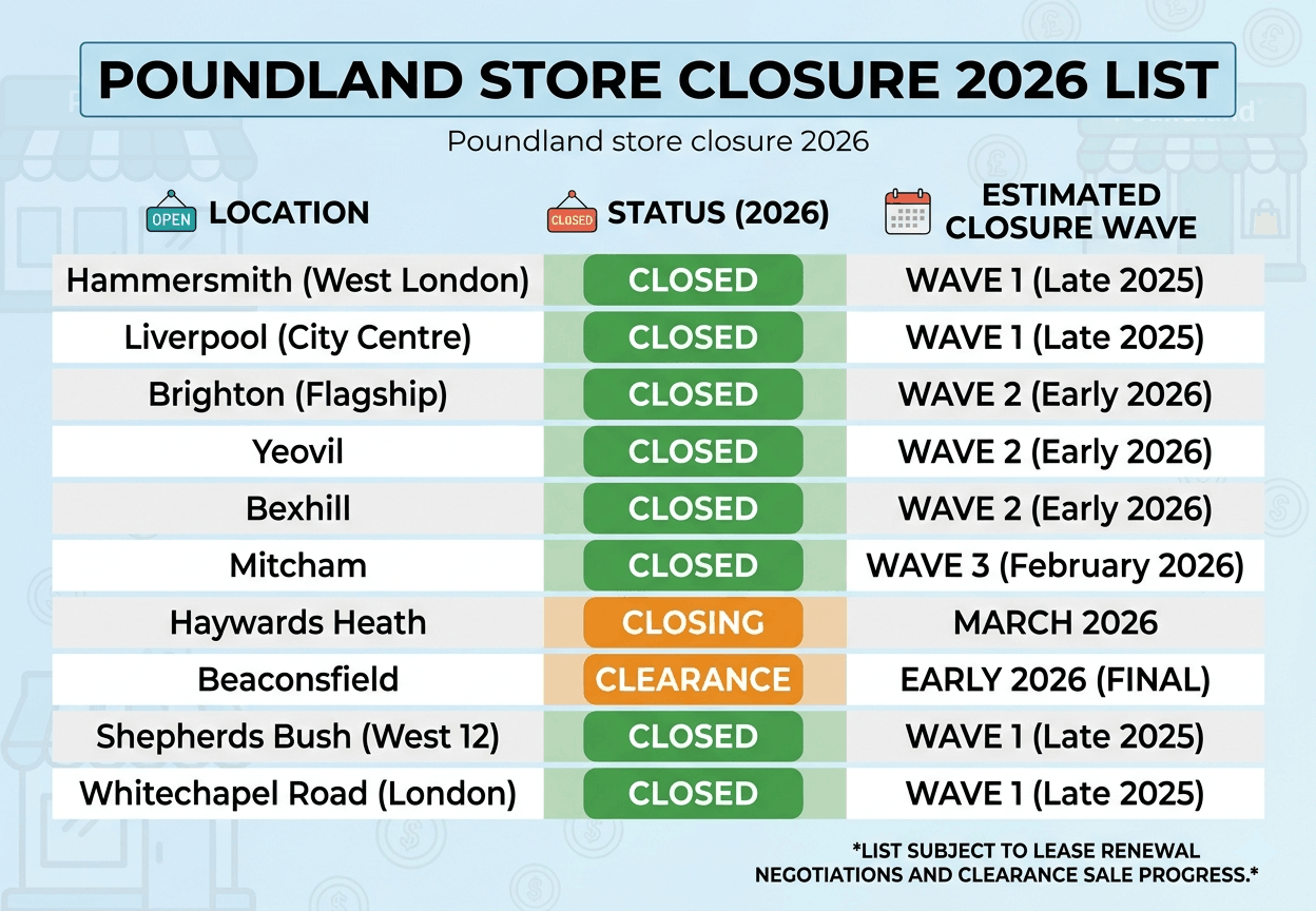 Poundland store closure 2026 list including Haywards Heath, Mitcham, Liverpool, Brighton, and London locations.